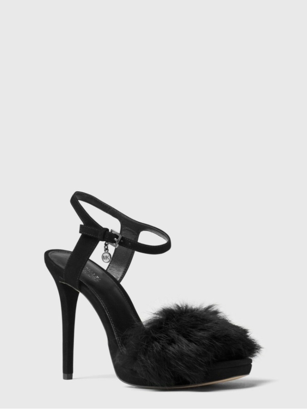 Michael Kors Faye Fur Sandal Suede Black Silver Charm Ankle Strap Open Toe 7.5M